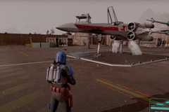 A Mandalorian looking at an X-Wing in Starfield's Star Wars Genesis mod.