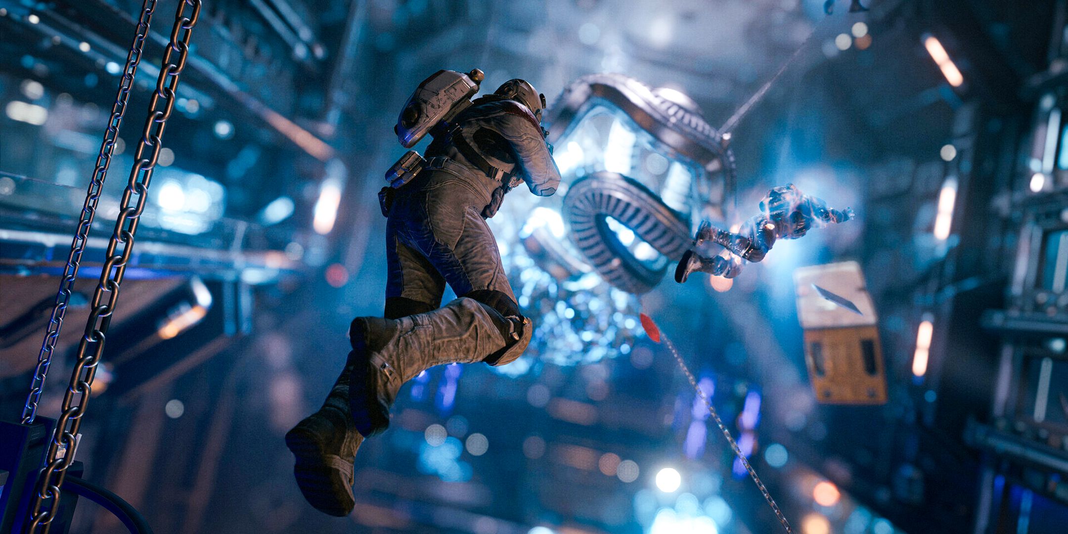 Starfield Shattered Space player in a zero grav corridor moving past corpses and boxes