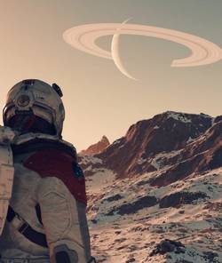 On a snow mountain, a space traveler looks up to see another planet in the distance in Starfield.