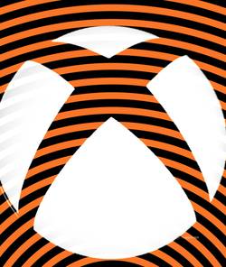 White Xbox logo over orange waves.